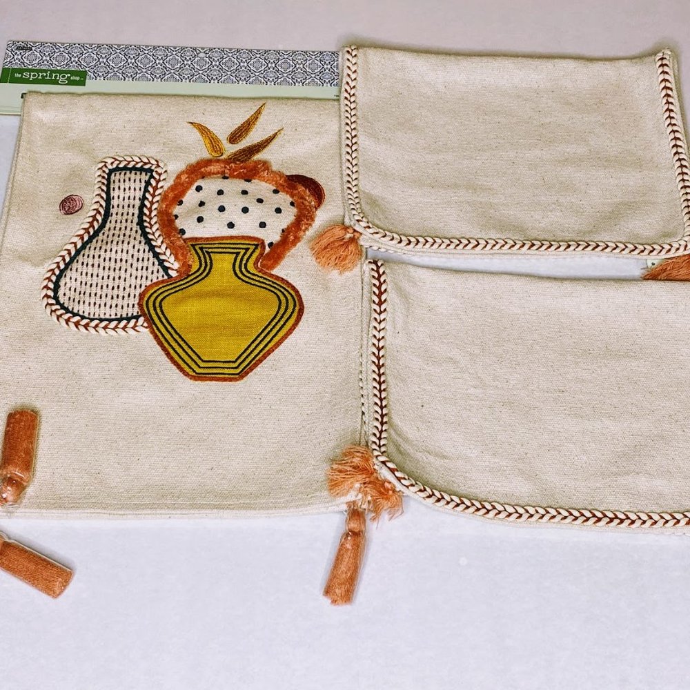 Boho Rustic Beige & Terracotta Designed Home Decor Table Runner & 2 Mats NWT